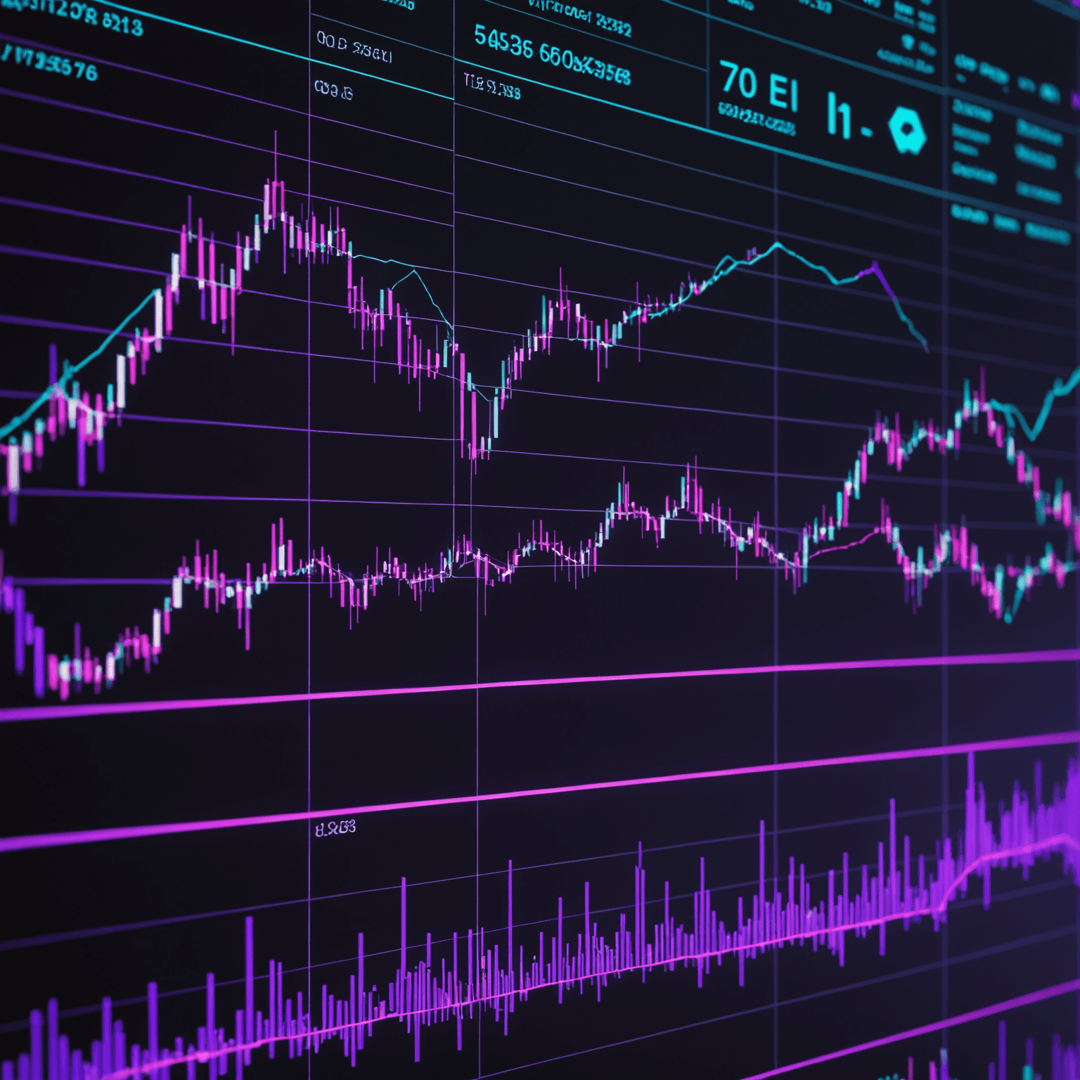 Abstract visualization of AI algorithms interacting with stock market data, showing fast-paced trading activities with glowing violet lines representing data flow